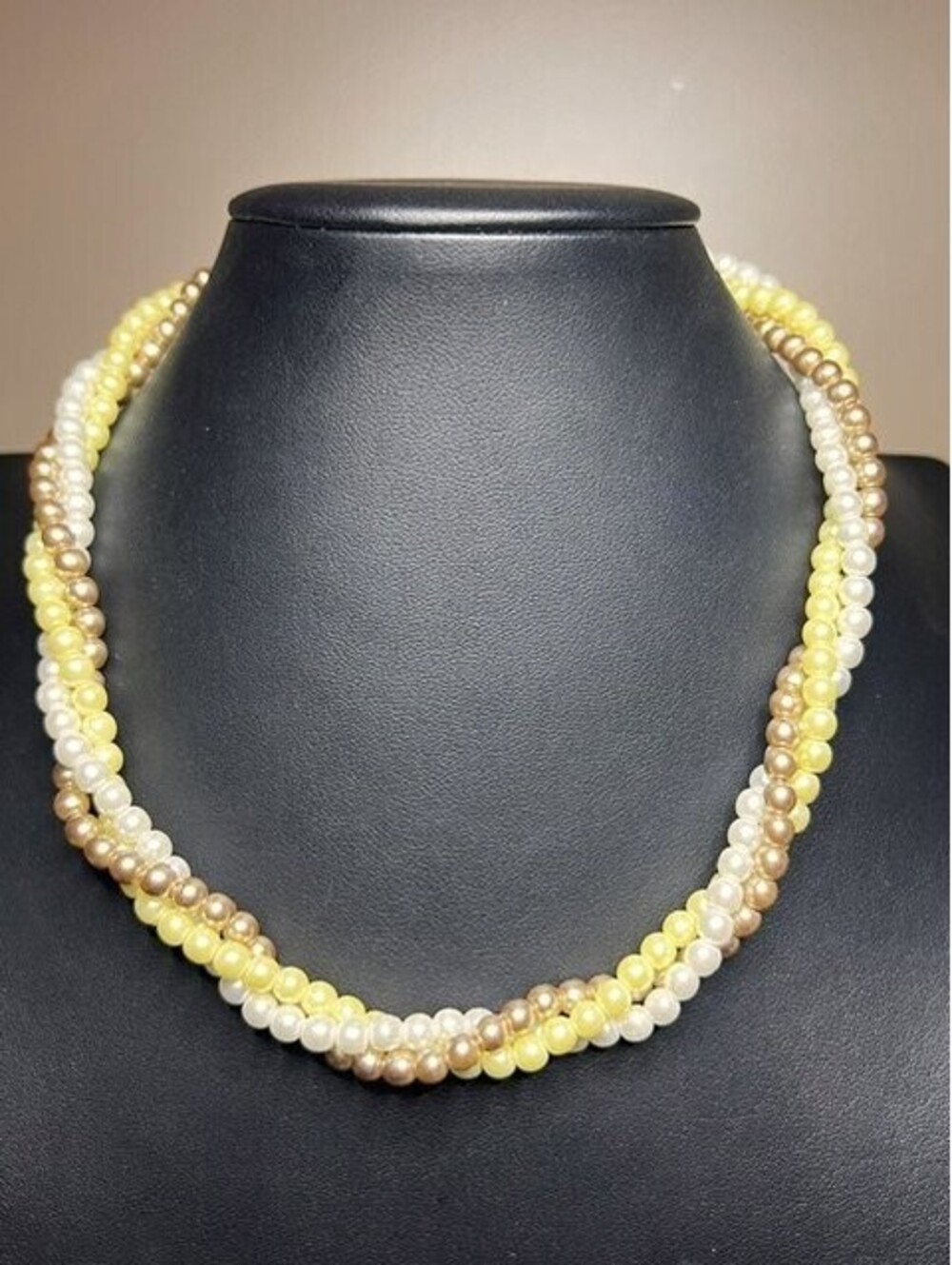 B6771 AVON Triple Strand Twisted Faux Pearl Torsade Necklace White Yellow 18"